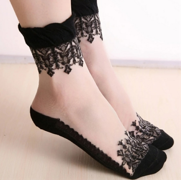 🎃🕸️ Wednesday Adams Style Sheer Embroidered Lace Socks - Picture 2 of 8